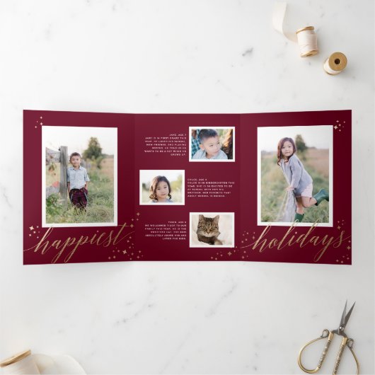 Chique gouden sterrenstof Trifold Maroon Kerstmis  Drieluik Uitnodiging (Binnen)
