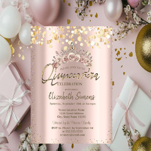 Chique gouden stippen, bloemenkroon Quinceañera Kaart