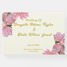 Chique gouden tekst, roze azalea's & ivoor bruilof gastenboek