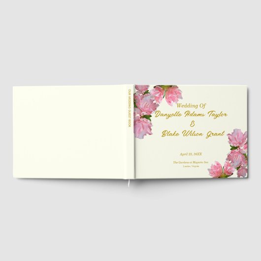 Chique gouden tekst, roze azalea's & ivoor bruilof gastenboek (Volledig)