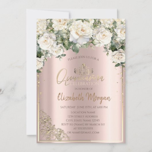 Chique gouden tiara, witte rozen diamanten quincea kaart (Voorkant)