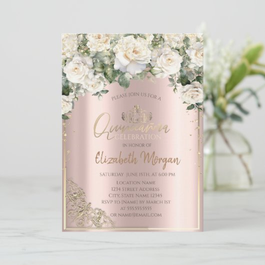 Chique gouden tiara, witte rozen diamanten quincea kaart (Staand voorkant)