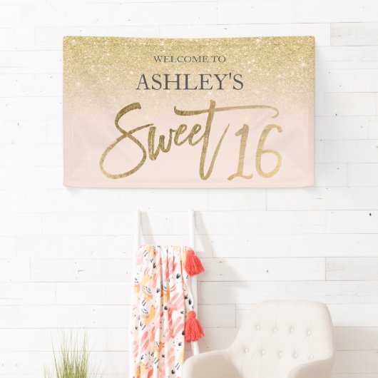 Chique gouden typografie blush Sweet 16 party Spandoek (Insitu)