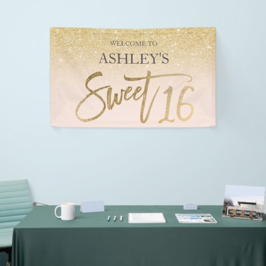 Chique gouden typografie blush Sweet 16 party Spandoek (Beurs)
