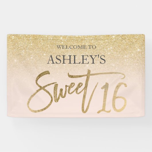 Chique gouden typografie blush Sweet 16 party Spandoek (Horizontaal)