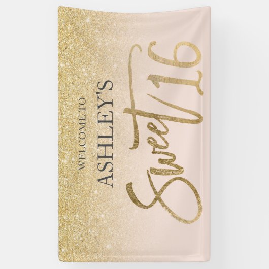 Chique gouden typografie blush Sweet 16 party Spandoek (Verticaal)