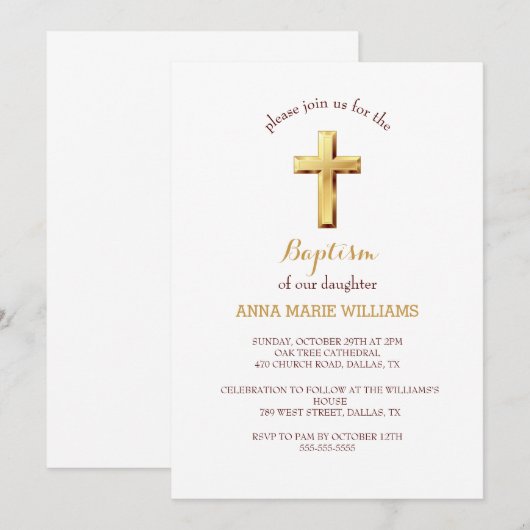 Chique gouden typografie minimalistisch kruis doop kaart (Voorkant / Achterkant)