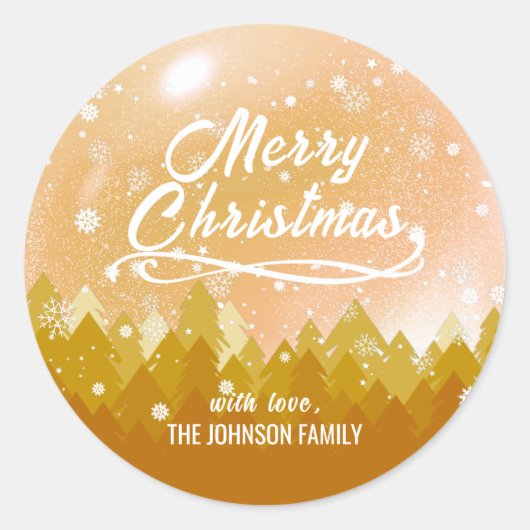 Chique Gouden Vredige Sneeuw Bos Prettig Kerstmis Ronde Sticker (Voorkant)