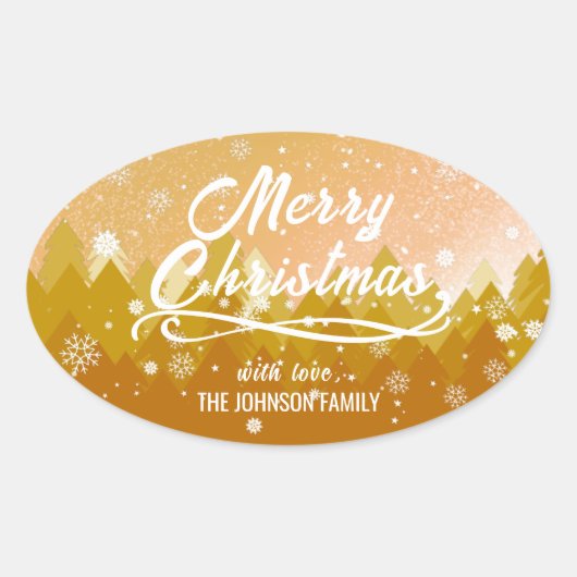 Chique Gouden Vreedzame Sneeuw Bos Prettig Kerstmi Ovale Sticker (Voorkant)