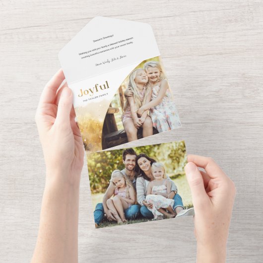 Chique gouden vreugdevol script met gebogen foto all in one uitnodiging (Afscheurbaar)