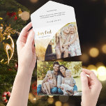 Chique gouden vreugdevol script met gebogen foto all in one uitnodiging<br><div class="desc">Chique,  modern vakantieontwerp met strak aangepast "Joyful" script in goudkleurige gradiëntstijl met unieke gebogen fotosjabloon en subtiel gouden waterverf stijl winterlandschap. Panelen zijn voorzien van aanvullende afbeeldingen met extra tekstvelden en een fotosjabloon.</div>