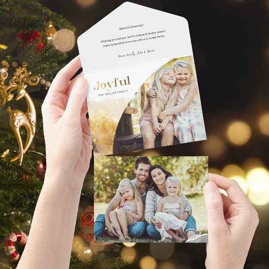 Chique gouden vreugdevol script met gebogen foto all in one uitnodiging