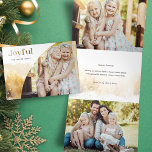 Chique gouden vreugdevol script met gebogen foto drieluik wenskaart<br><div class="desc">Chique,  modern vakantieontwerp met strak aangepast "Joyful" script in goudkleurige gradiëntstijl met unieke gebogen fotosjabloon en subtiel gouden waterverf stijl winterlandschap. Deelvensters bevatten aanvullende afbeeldingen met extra tekstvelden en fotosjablonen.</div>