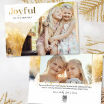 Chique gouden vreugdevol script met gebogen foto feestdagenkaart<br><div class="desc">Chique,  modern vakantieontwerp met strak aangepast "Joyful" script in goudkleurige gradiëntstijl met unieke gebogen fotosjabloon en subtiel gouden waterverf stijl winterlandschap. Achterzijde bevat extra fotosjabloon en tekstvelden.</div>