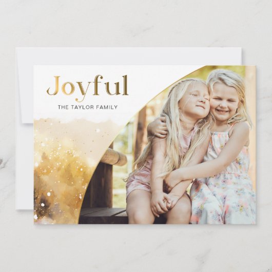 Chique gouden vreugdevol script met gebogen foto feestdagenkaart (Voorkant)