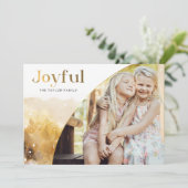 Chique gouden vreugdevol script met gebogen foto feestdagenkaart (Staand voorkant)