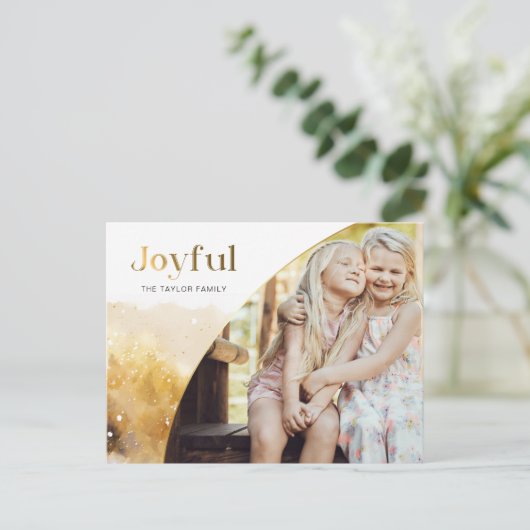 Chique gouden vreugdevol script met gebogen foto feestdagenkaart (Staand voorkant)