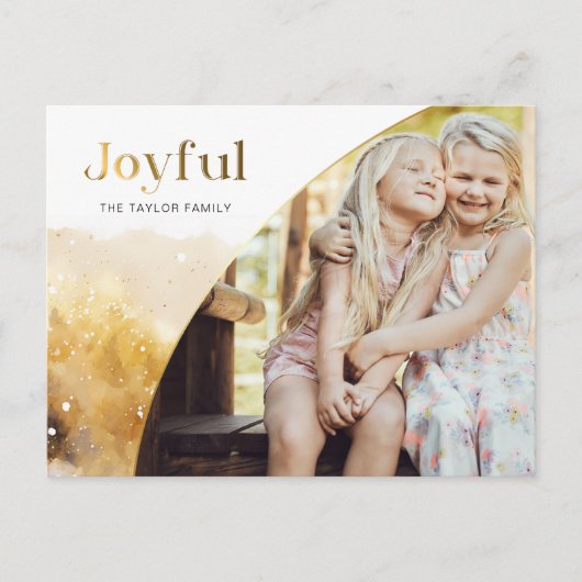 Chique gouden vreugdevol script met gebogen foto feestdagenkaart (Voorkant)