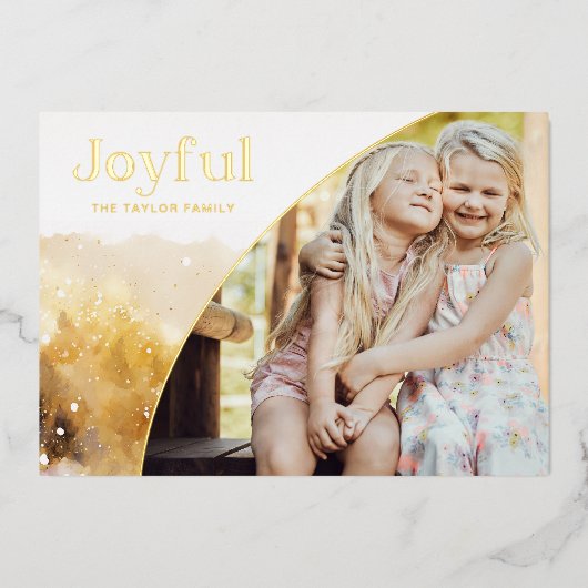 Chique gouden vreugdevol script met gebogen foto folie feestdagenkaart (Voorkant)