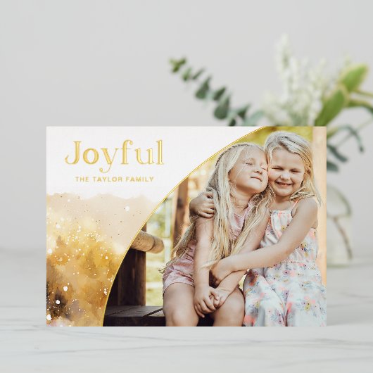 Chique gouden vreugdevol script met gebogen foto folie feestdagenkaart (Staand Voorkant)