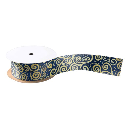 Chique  gouden wervelingen Patroon Luxe Navy Blue Satijnen Lint (Spoel)