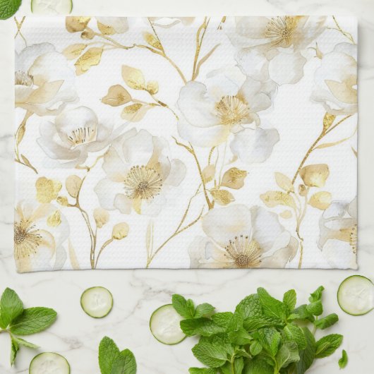 Chique Gouden Witte Bloemen Bruidsdouche Theedoek (Gevouwen)