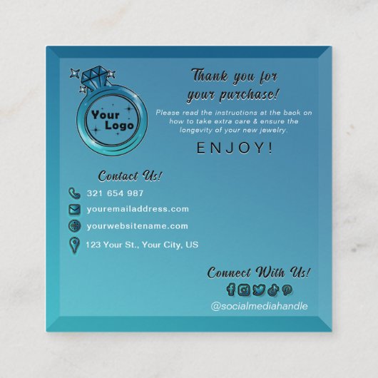 Chique Gradiënt Blauwgroen Blauwe Sieraden Verzorg Informatiekaartje (Achterkant)