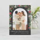 Chique grijs botanische boog 1 foto vrolijke kerst feestdagenkaart (Staand voorkant)