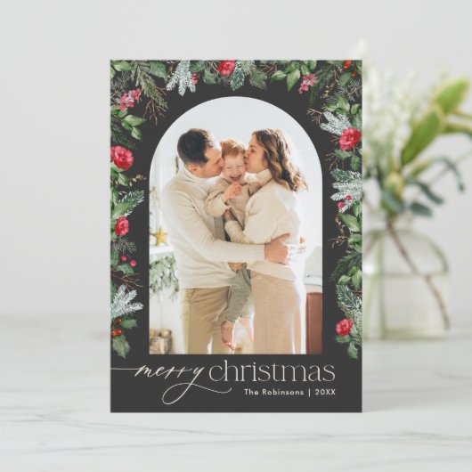 Chique grijs botanische boog 1 foto vrolijke kerst feestdagenkaart (Staand voorkant)