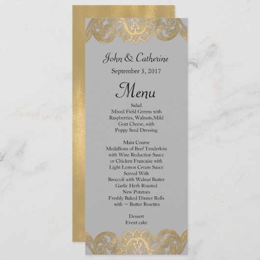 Chique grijs en goud bruiloft Menu (Voorkant / Achterkant)