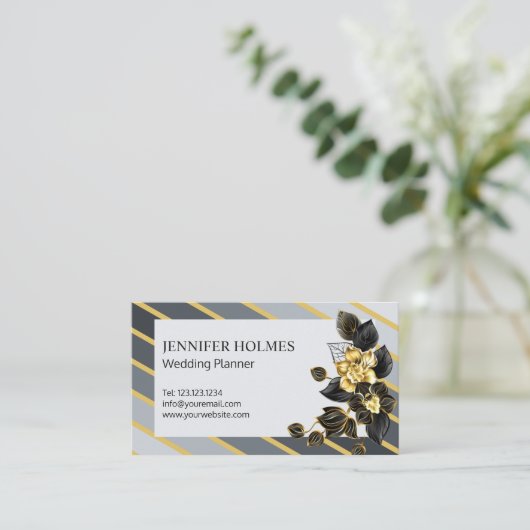 Chique Grijs Goud Strepen Orchidee Bloemen Zwart G Visitekaartje (Staand voorkant)