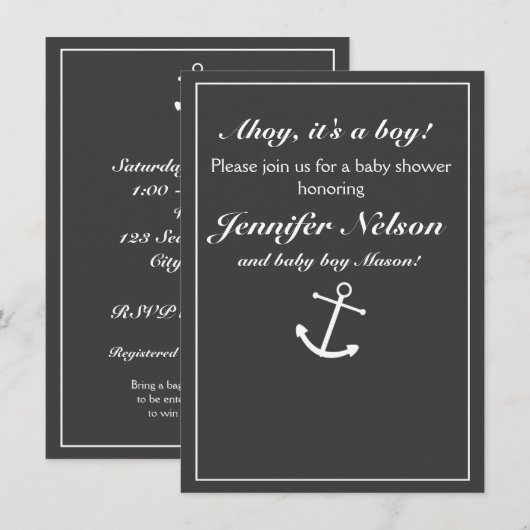 Chique grijs wit nautische douche uitnodiging (Voorkant / Achterkant)