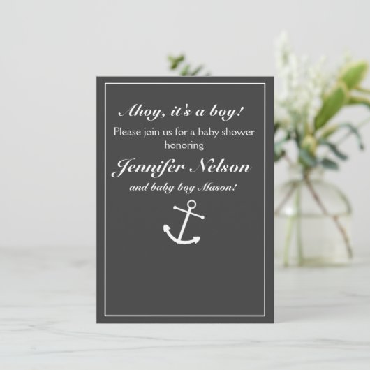 Chique grijs wit nautische douche uitnodiging (Staand voorkant)