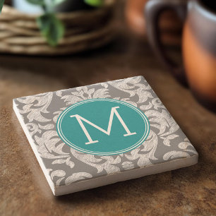 Chique grijze en turquoise damast met monogram stenen onderzetter