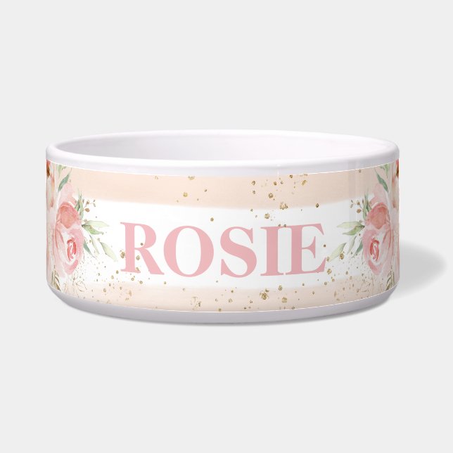 Chique grillige blush roze bloemige Rozen Dog Cat  Voerbakje (Voorkant)