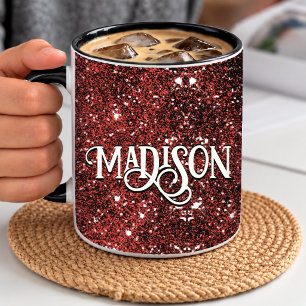 Chique grillige rode zwarte glitters monogram  mok