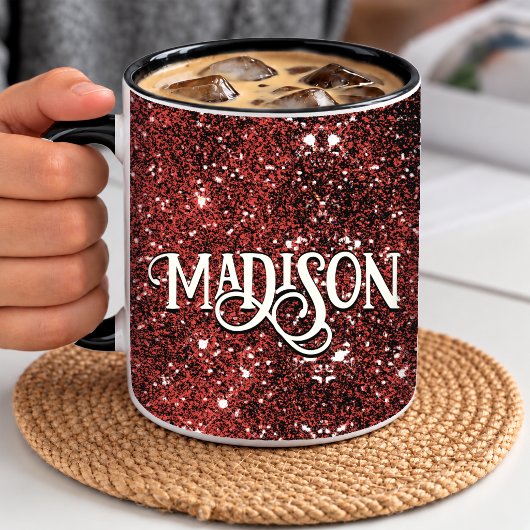 Chique grillige rode zwarte glitters monogram mok