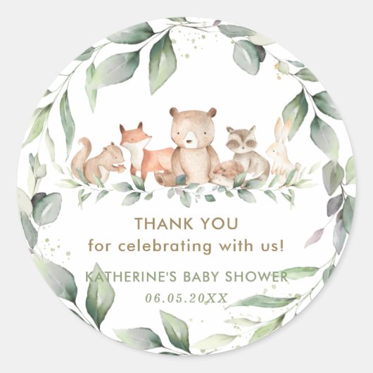 Chique groen bosdieren Baby shower gunsten Ronde Sticker (Voorkant)