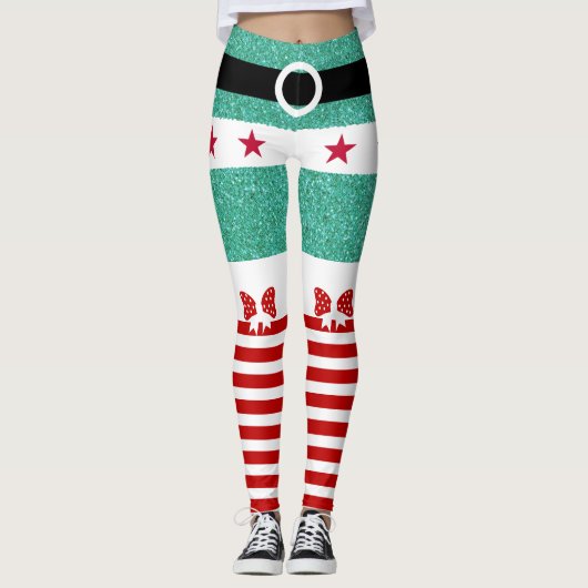 Chique Groen Glitter Rood Wit Strepen Kerst Elf Leggings (Voorkant)