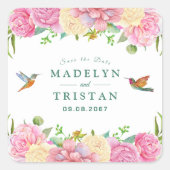 Chique Groen & Roze Bloemen Delicate Waterverf Vierkante Sticker (Voorkant)