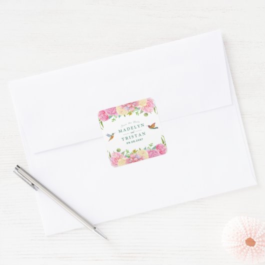Chique Groen & Roze Bloemen Delicate Waterverf Vierkante Sticker (Envelop)