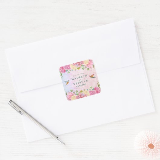 Chique Groen & Roze Delicate Waterverf Bloemen Vierkante Sticker (Envelop)