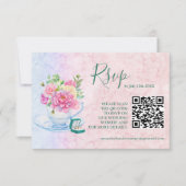 Chique Groen & Roze Waterverf Bloemen QR Code RSVP Kaartje (Voorkant)