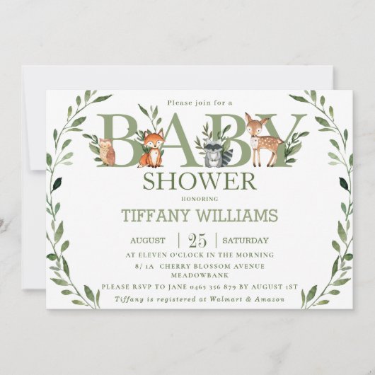 Chique groen rustieke bosdieren Baby shower Kaart (Voorkant)