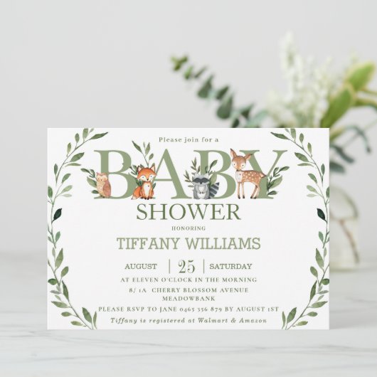 Chique groen rustieke bosdieren Baby shower Kaart (Staand voorkant)