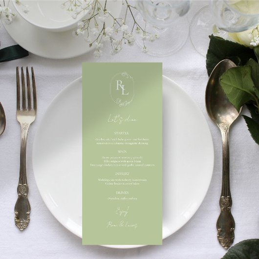 Chique Groen & Wit Bloemen Monogram Bruiloft Menu