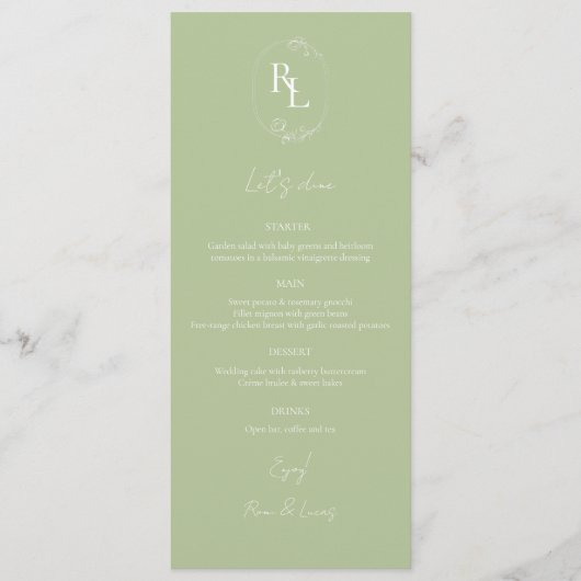 Chique Groen & Wit Bloemen Monogram Bruiloft Menu (Voorkant)