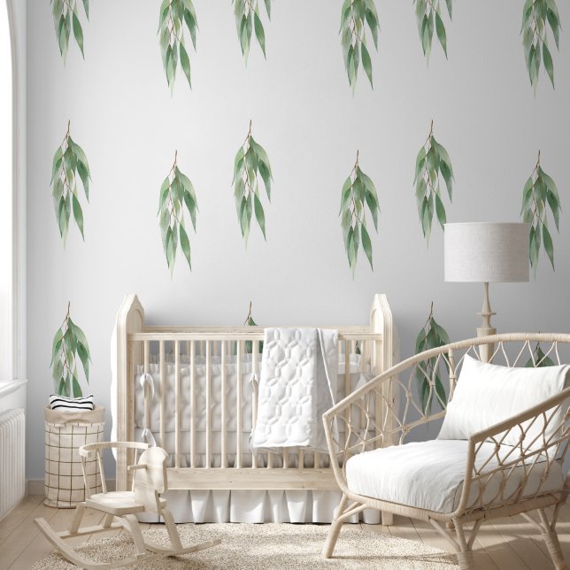 Chique groen wit natuurlijke eucalyptusbladeren behang (Kinderen)