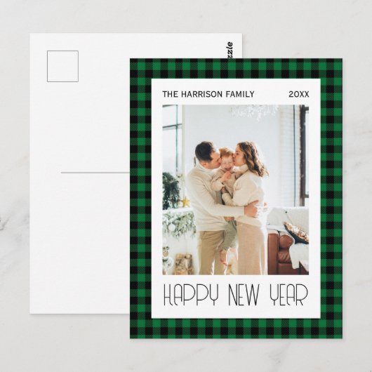 Chique Groen Zwart Gingham Plaid Nieuwjaar Foto Briefkaart (Voorkant / Achterkant)