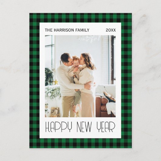 Chique Groen Zwart Gingham Plaid Nieuwjaar Foto Briefkaart (Voorkant)